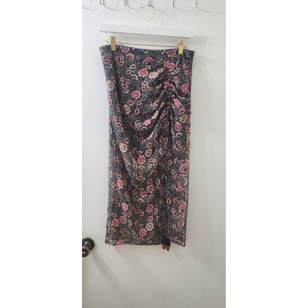 Rebecca Minkoff Womens Floral Ruched Midi Skirt Black Pink Tassel‎ Size 2 NEW
